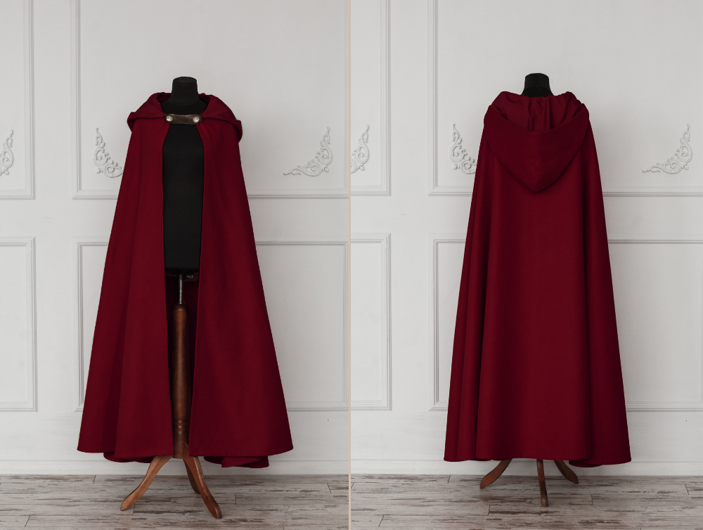 Dark Red vegan wool hooded cloak | DressArtMystery
