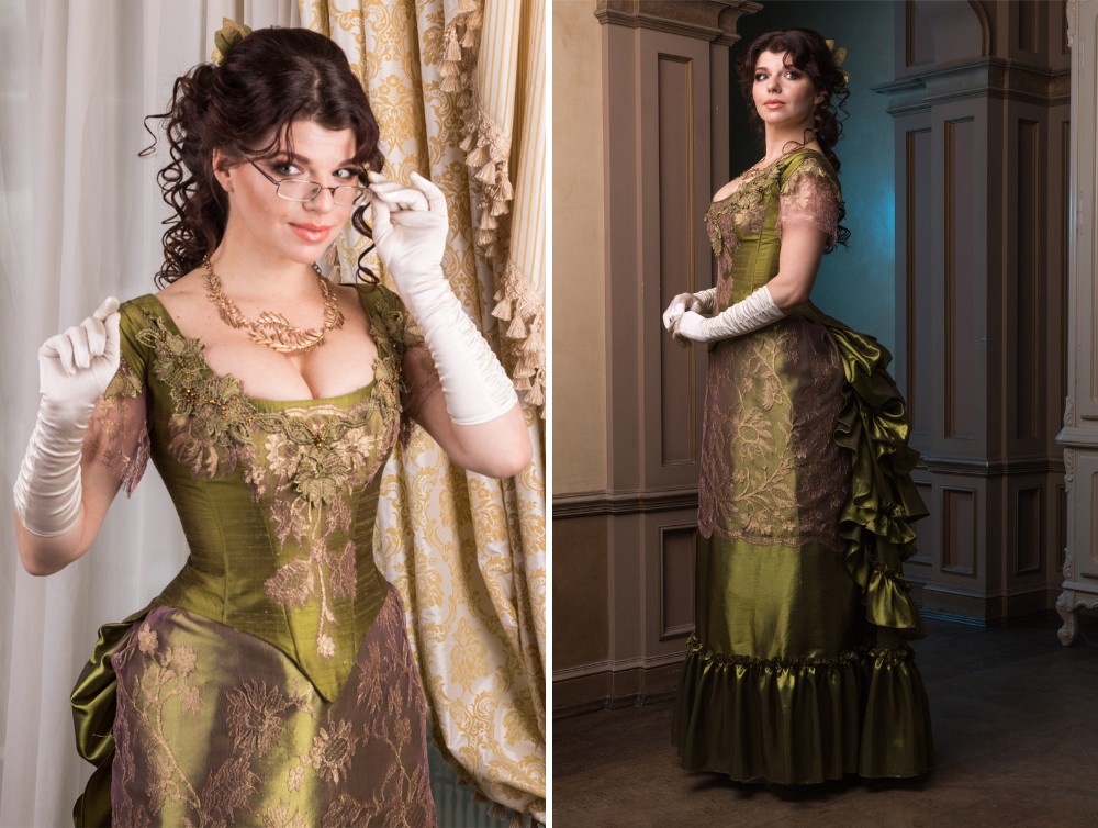 Victorian green walking silk costume with laces and metal spiders - Dress Art Mystery