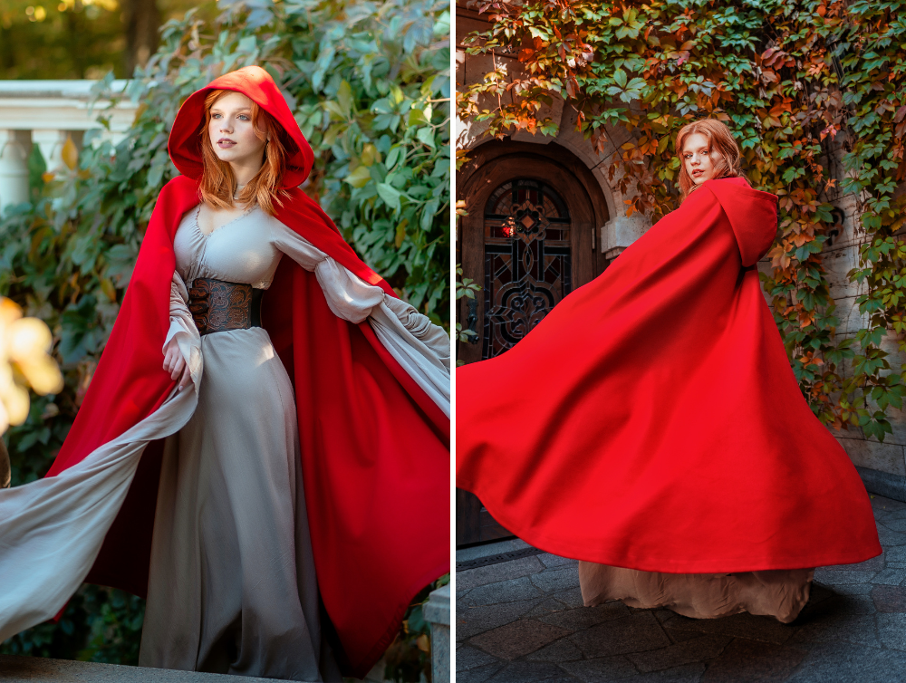 Red Fantasy Vegan Wool Hooded Cloak -dress-design-handmade-costume-Dress Art Mystery