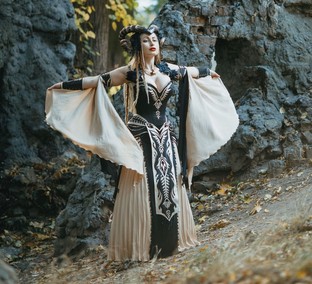 Gothic fantasy dress with eco-leather decorations - Dress Art Mystery