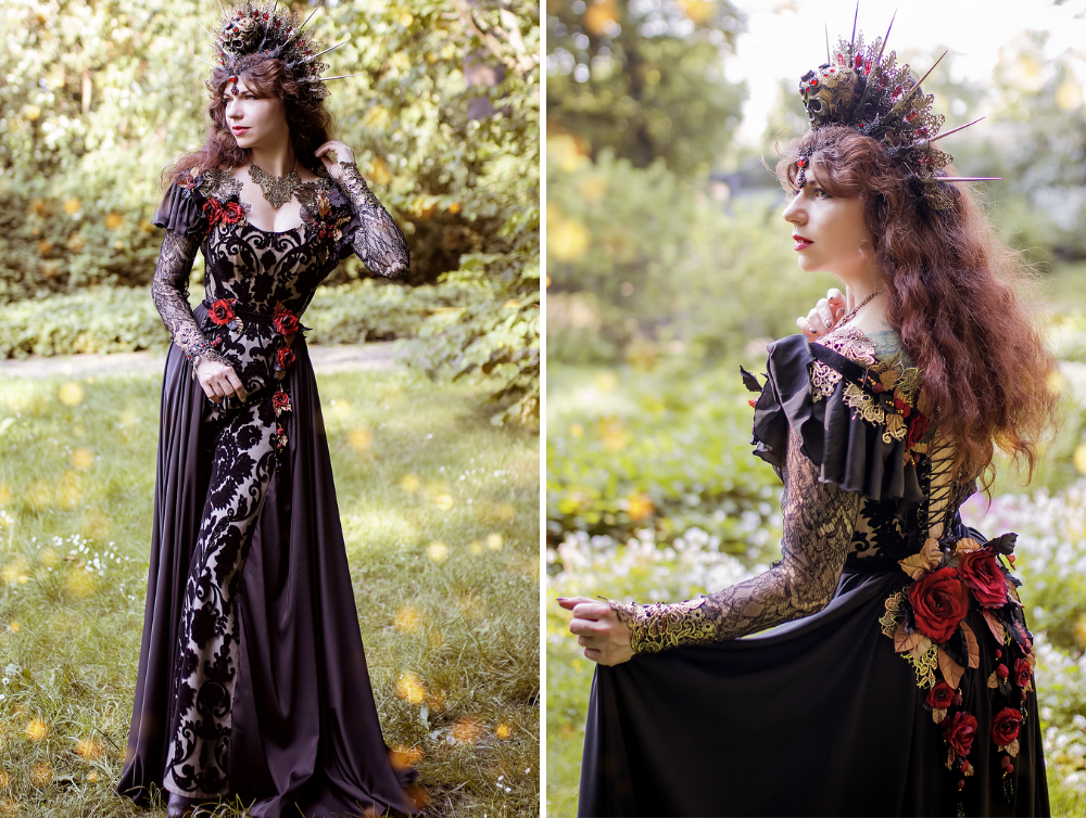 Black fantasy gothic lace gown with handmade silk flowers - Dress Art Mystery