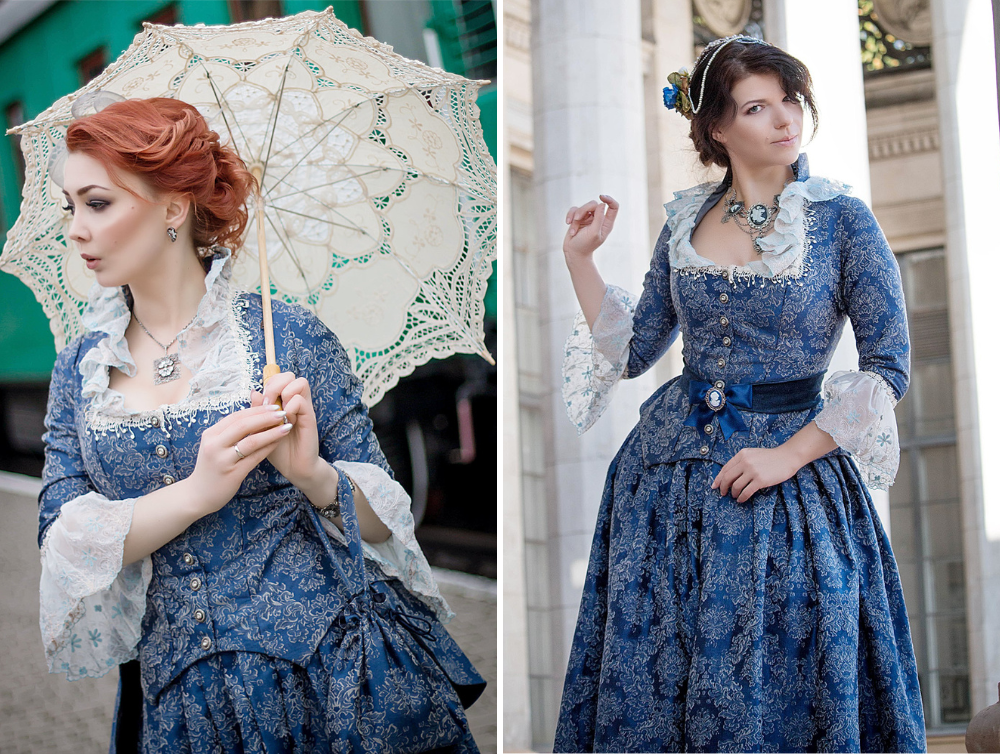 Rococo Revival blue cotton jacquard dress - Dress Art Mystery