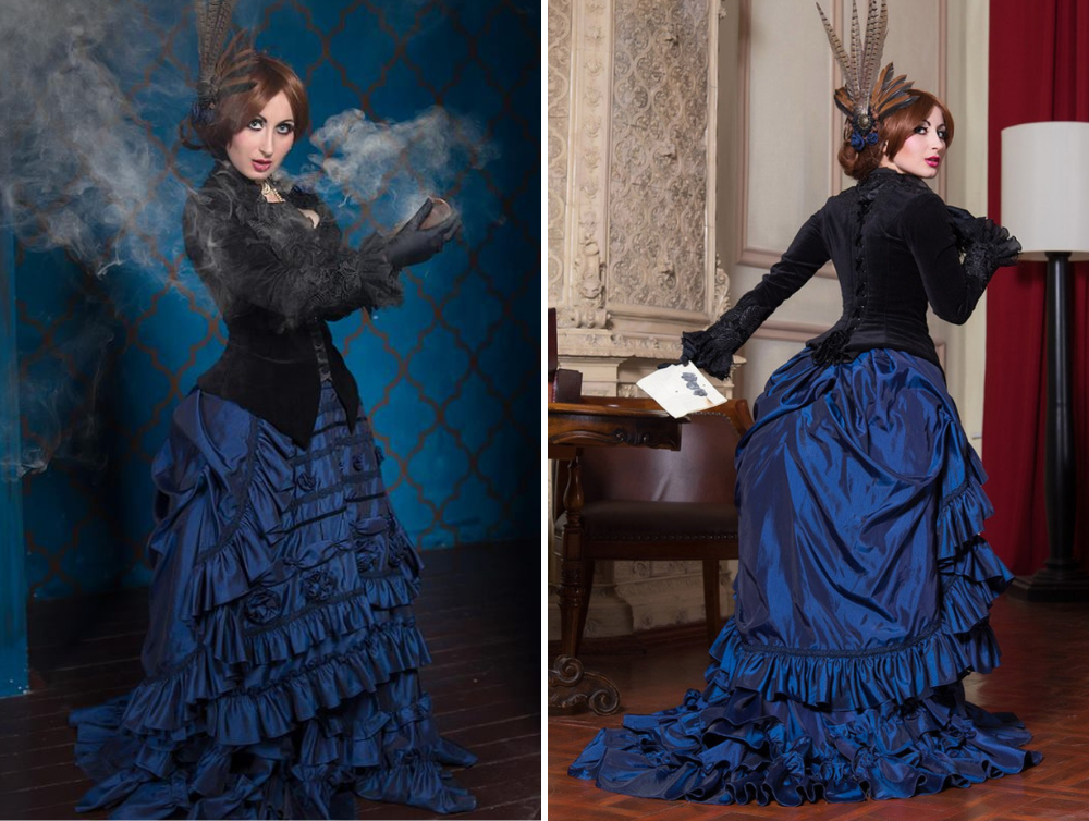 Fantasy blue victorian gothic jacket and skirt taffeta costume - Dress Art Mystery