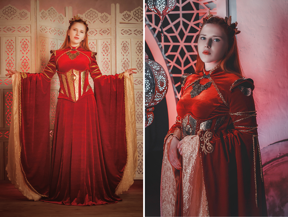 Fantasy red velvet elven dress with metal plates - Dress Art Mystery