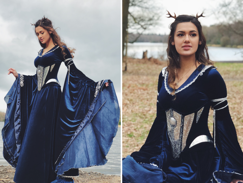 Fantasy Midnight Blue Elven Velvet Dress with metal plates - Dress Art Mystery