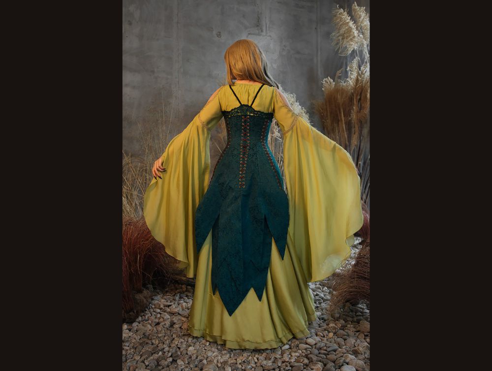 Green elvish fantasy dress with jacquard corset | DressArtMystery Green elvish fantasy dress with jacquard corset | DressArtMystery