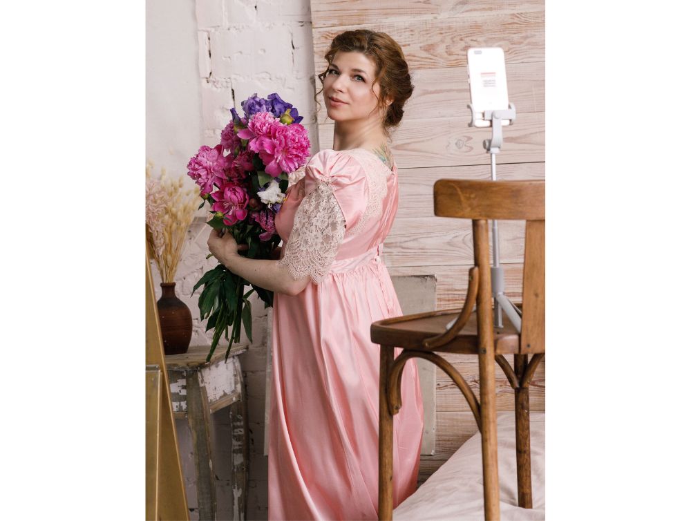 pink regency dress Pink Regency Era Dress with Delicate Embroidery