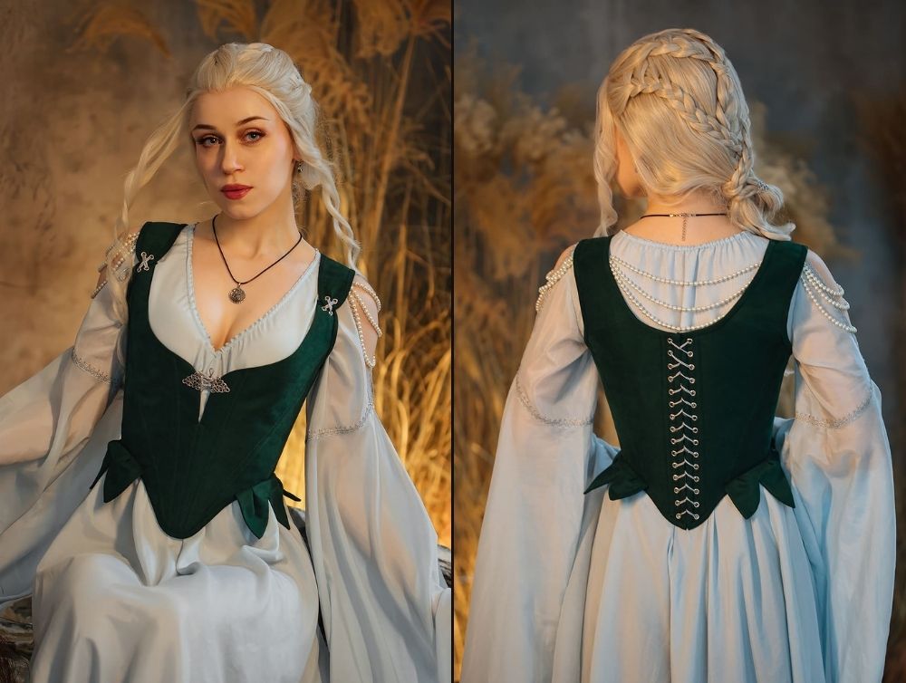 Elvish fantasy dress with midbust green corset | DressArtMystery Elvish fantasy dress with midbust green corset | DressArtMystery