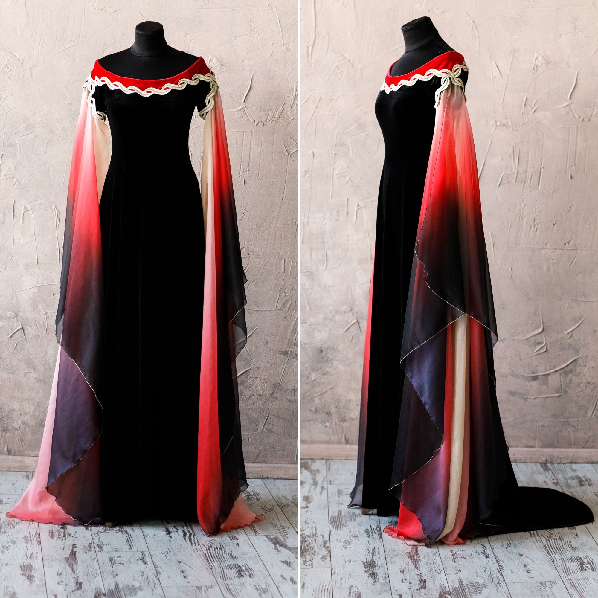 Black and red fantasy gown with ombre sleeves | Ready to ship Black and red fantasy gown with ombre sleeves | Ready to ship