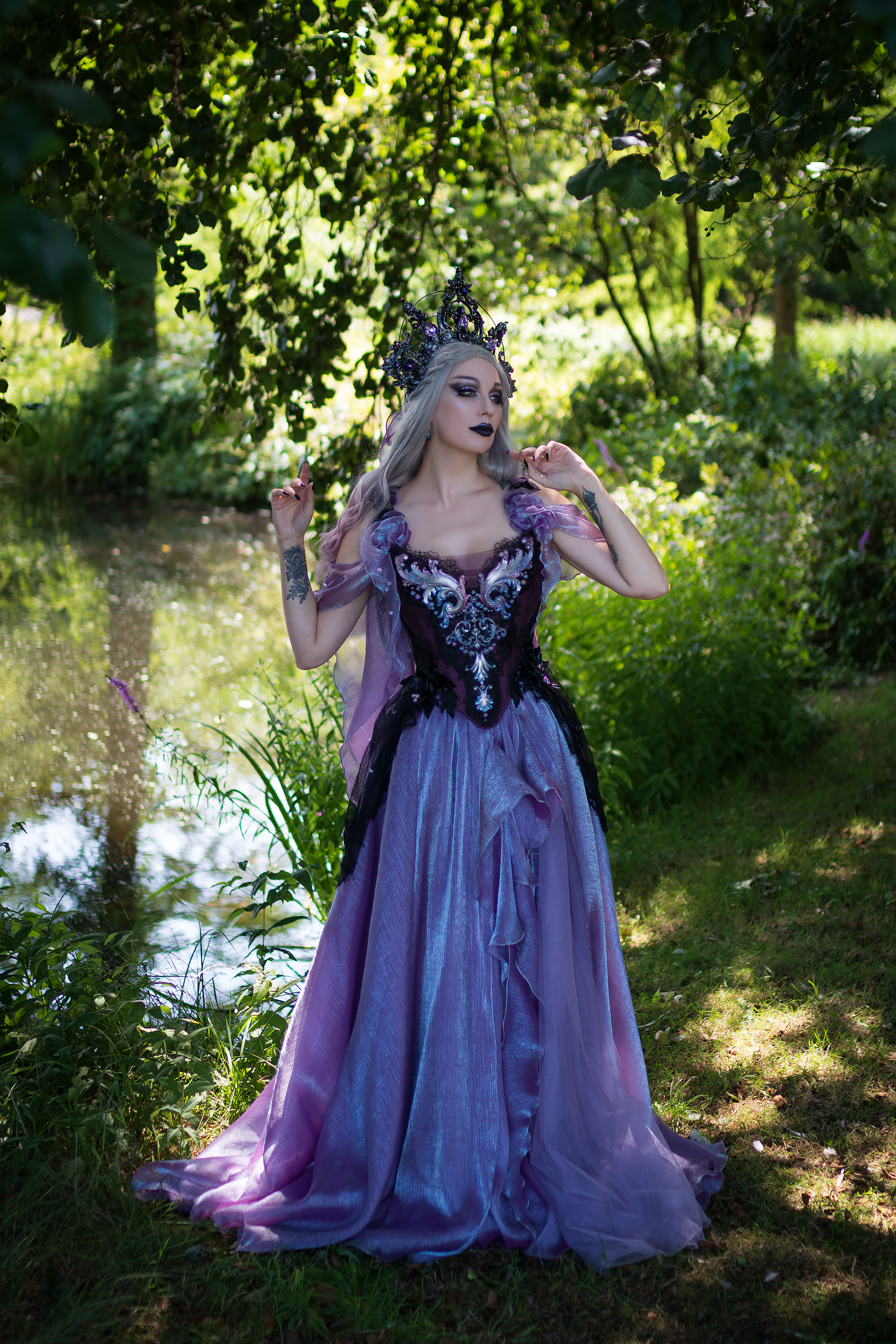 silk fantasy dress Purple Elf Fantasy Dress - Golden Rome Greek Goddess - Fairy Evening Dress