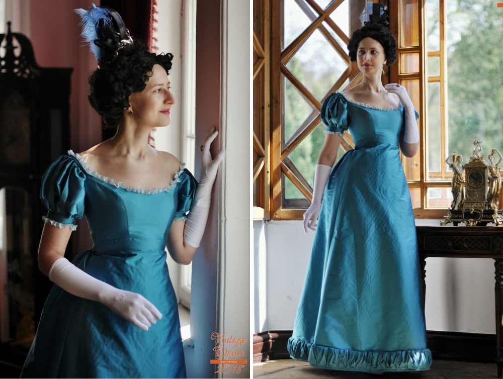 Blue biedermeier style 19th Century taffeta dress - Dress Art Mystery