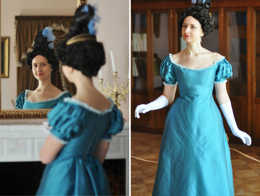 Blue biedermeier style 19th Century taffeta dress - Dress Art Mystery