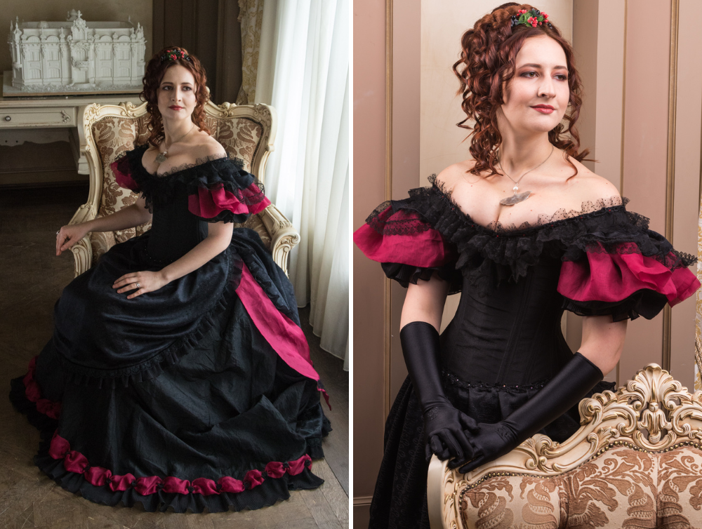 Victorian black and red ballroom silk dress - Dress Art Mystery