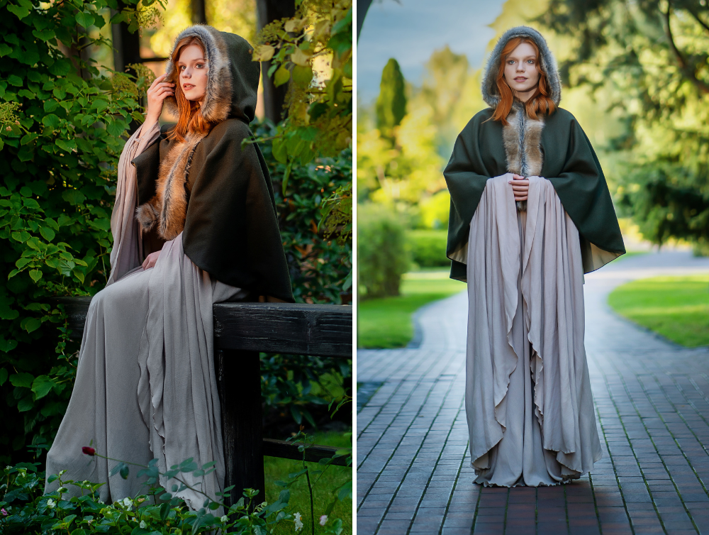 Short Fantasy Wool Hooded Cloak -dress-design-handmade-costume-Dress Art Mystery