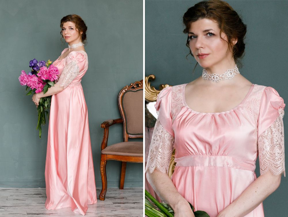 Pink Regency gown with laces, Ready to ship -dress-design-handmade-costume-Dress Art Mystery