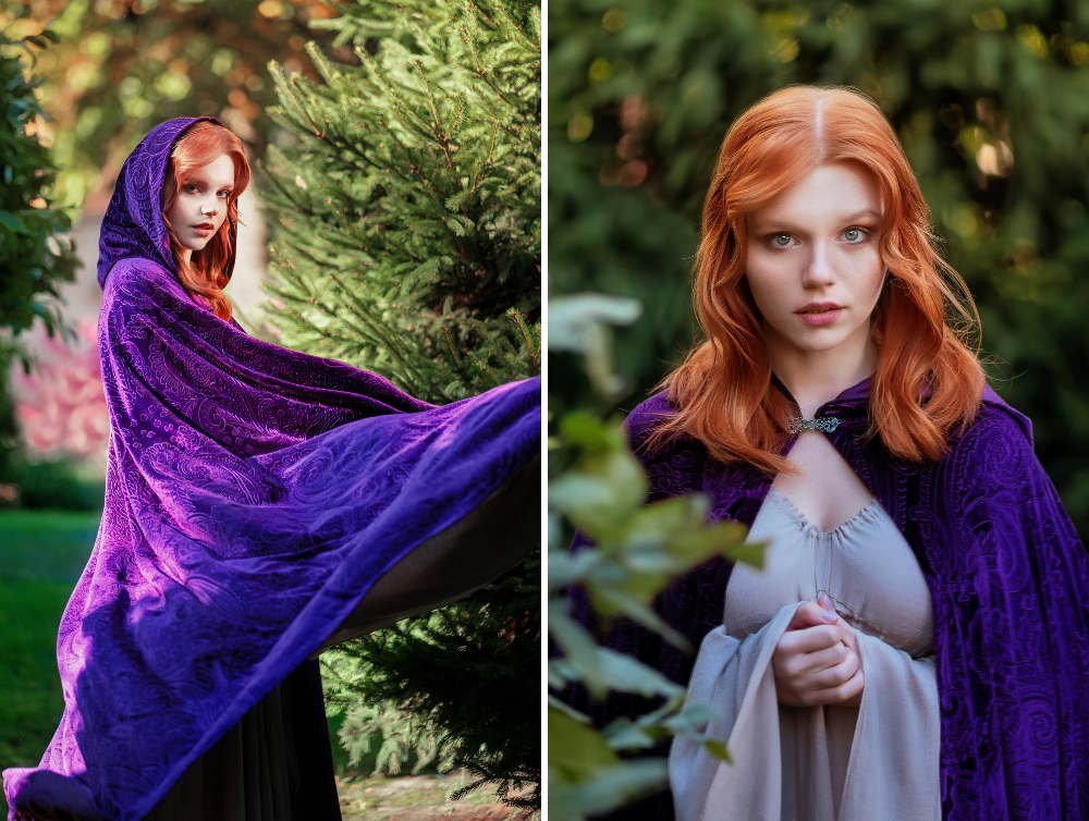 Deep purple velvet fantasy hooded cape -dress-design-handmade-costume-Dress Art Mystery