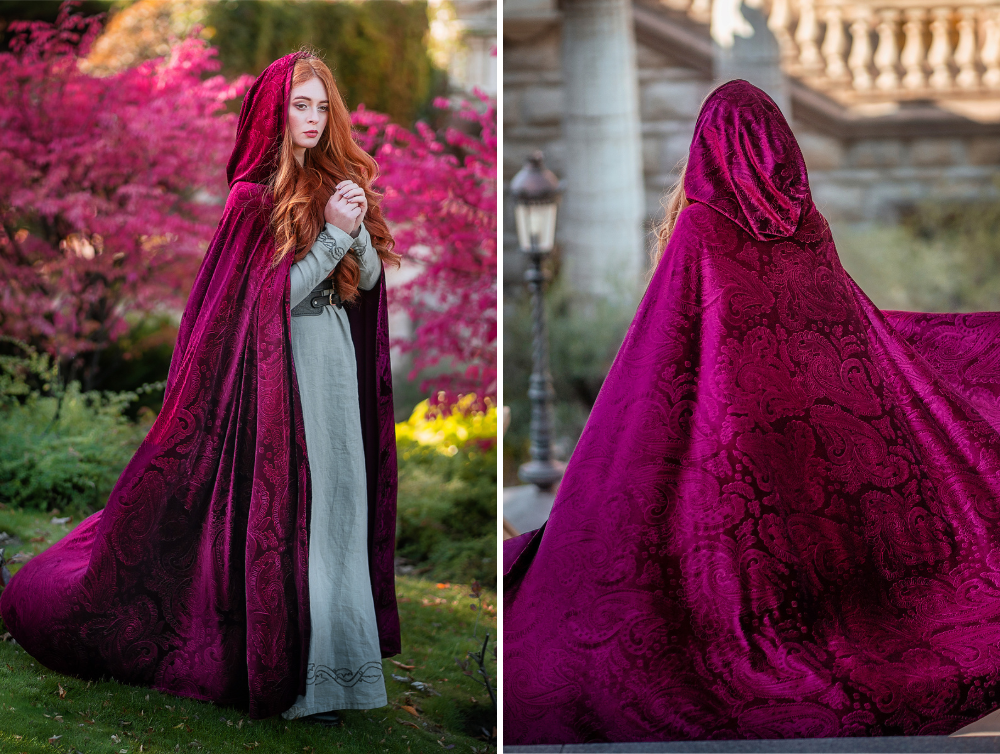 Red magenta velvet fantasy hooded cape -dress-design-handmade-costume-Dress Art Mystery