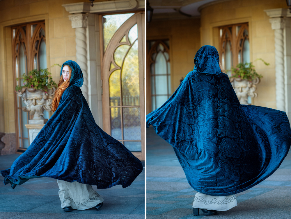 Dark green and blue fantasy velvet hooded cape -dress-design-handmade-costume-Dress Art Mystery
