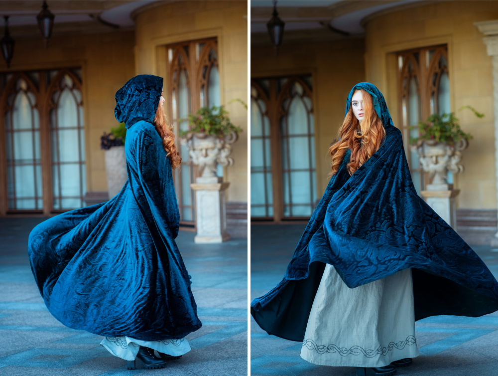 Dark green and blue fantasy velvet hooded cape -dress-design-handmade-costume-Dress Art Mystery