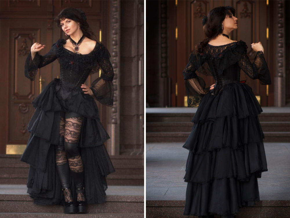 Black fantasy gothic rococo inspired wedding atlas dress - Dress Art Mystery