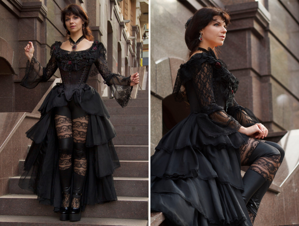 Fantasy gothic rococo inspired black wedding atlas dress