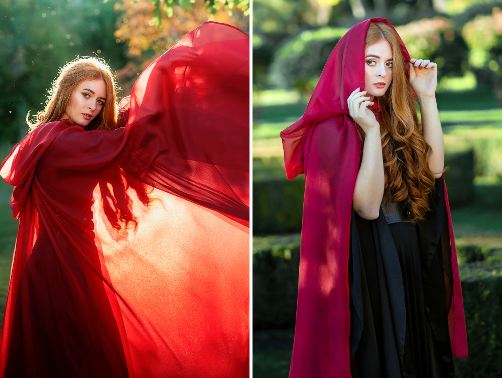Red Fantasy tulle hooded cape -dress-design-handmade-costume-Dress Art Mystery