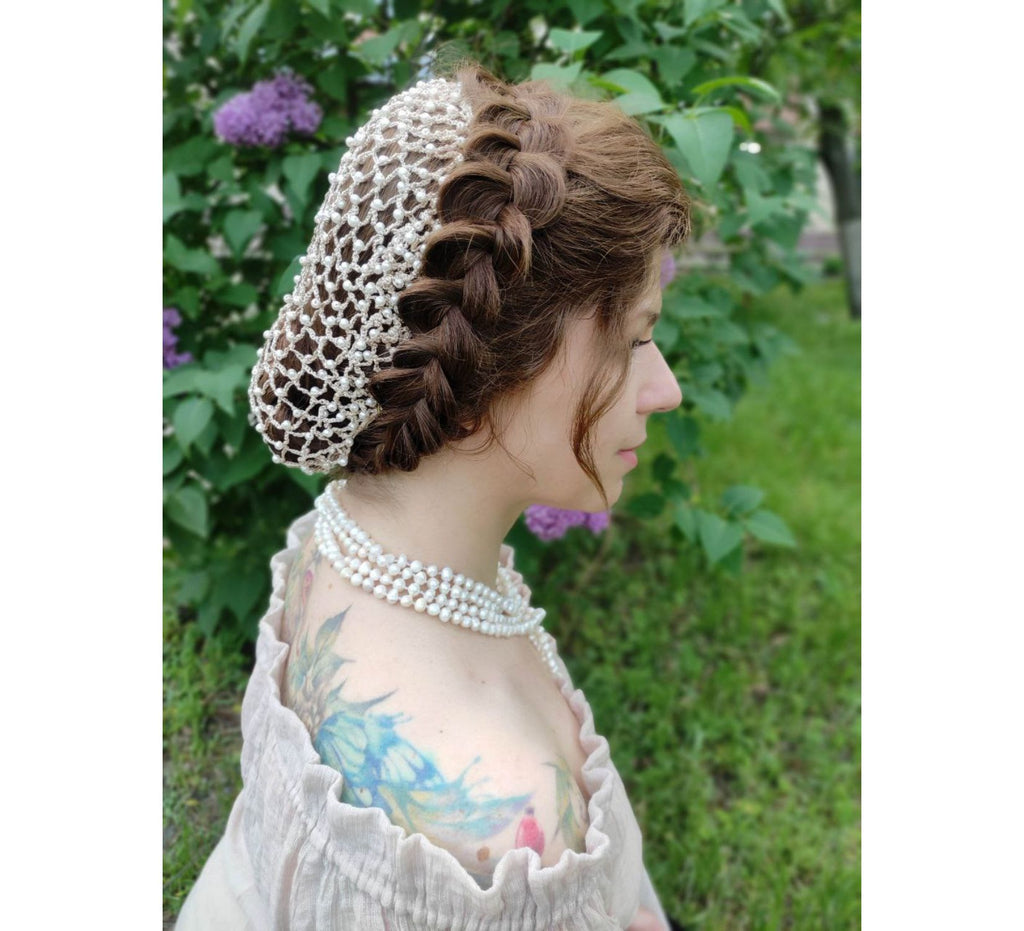 Renaissance hair net snood with pearl beads - Dress Art Mystery