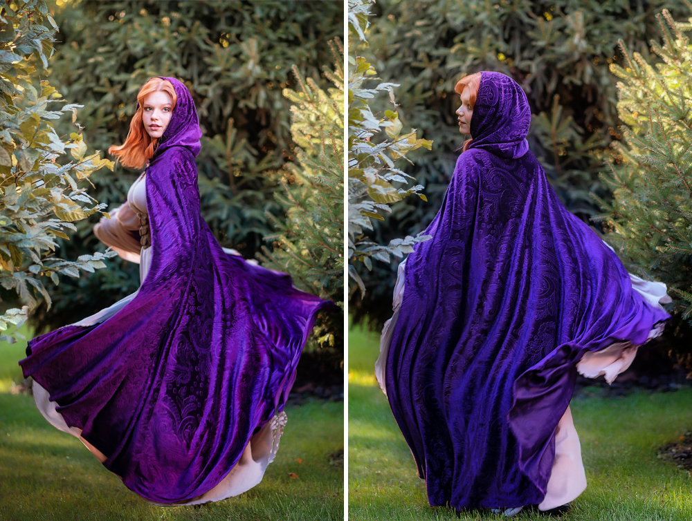 Deep purple velvet fantasy hooded cape -dress-design-handmade-costume-Dress Art Mystery