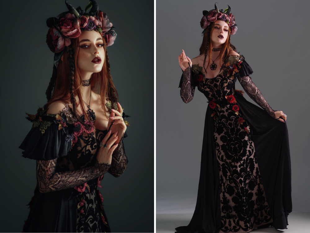 Black fantasy gothic lace gown with handmade silk flowers - Dress Art Mystery