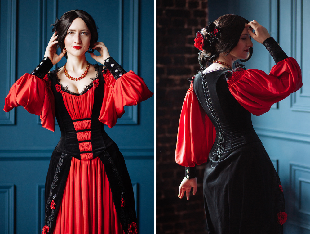 Edwardian style red and black velvet dress - Dress Art Mystery