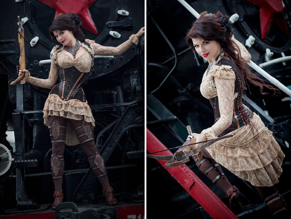 Steampunk costume with eco-leather corset and guipure dress - Dress Art Mystery