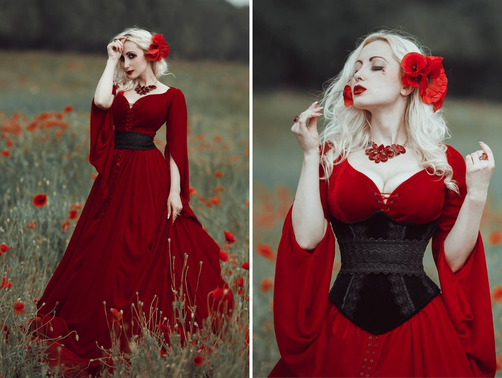 Red fantasy gothic stretch velvet wedding dress - Dress Art Mystery