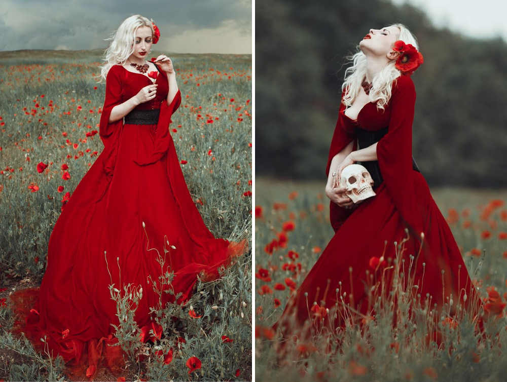 Red fantasy gothic stretch velvet wedding dress