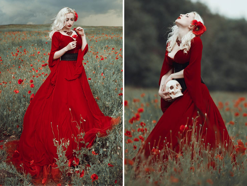 Red fantasy gothic stretch velvet wedding dress - Dress Art Mystery