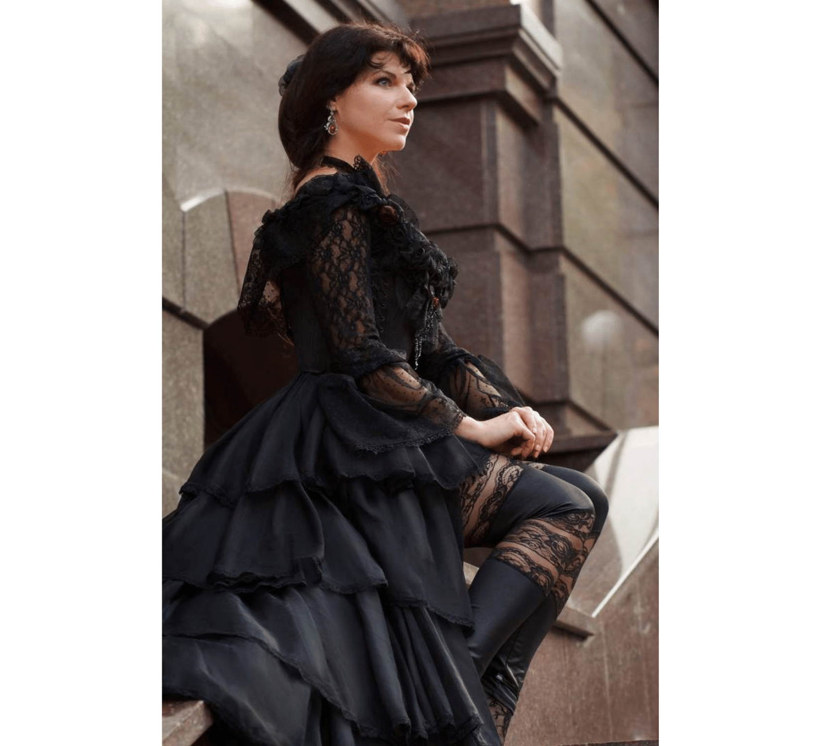 Black Lace Vampire Style Gothic Dress With Edwardian Corset