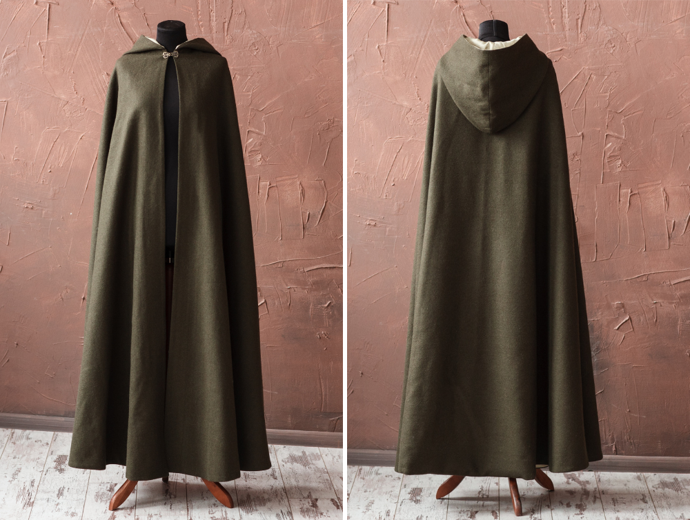 Long Fantasy Wool Hooded Cloak -dress-design-handmade-costume-Dress Art Mystery