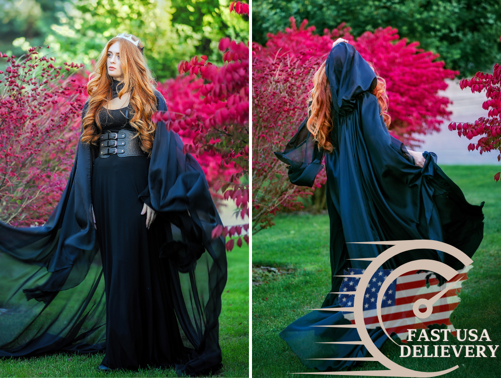 Black Fantasy Hooded Tulle Cape | USA domestic shipping -dress-design-handmade-costume-Dress Art Mystery