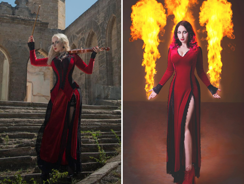 Fantasy Vampire red and black gothic stretch velvet dress - Dress Art Mystery