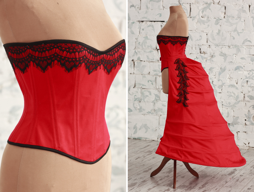 Victorian overbust long line corset in red satin