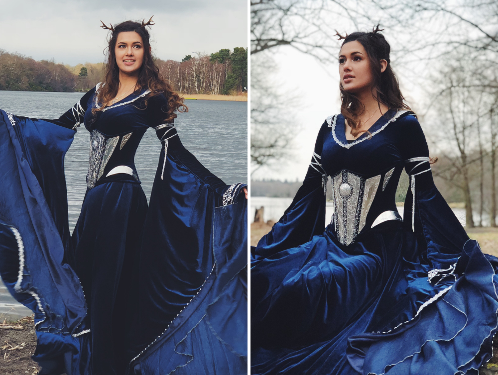 Fantasy Midnight Blue Elven Velvet Dress with metal plates - Dress Art Mystery