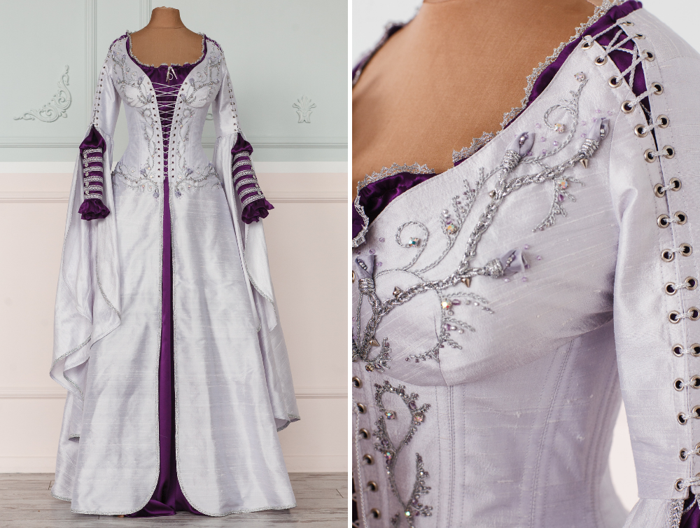White and purple fantasy silk elven wedding dress - Dress Art Mystery