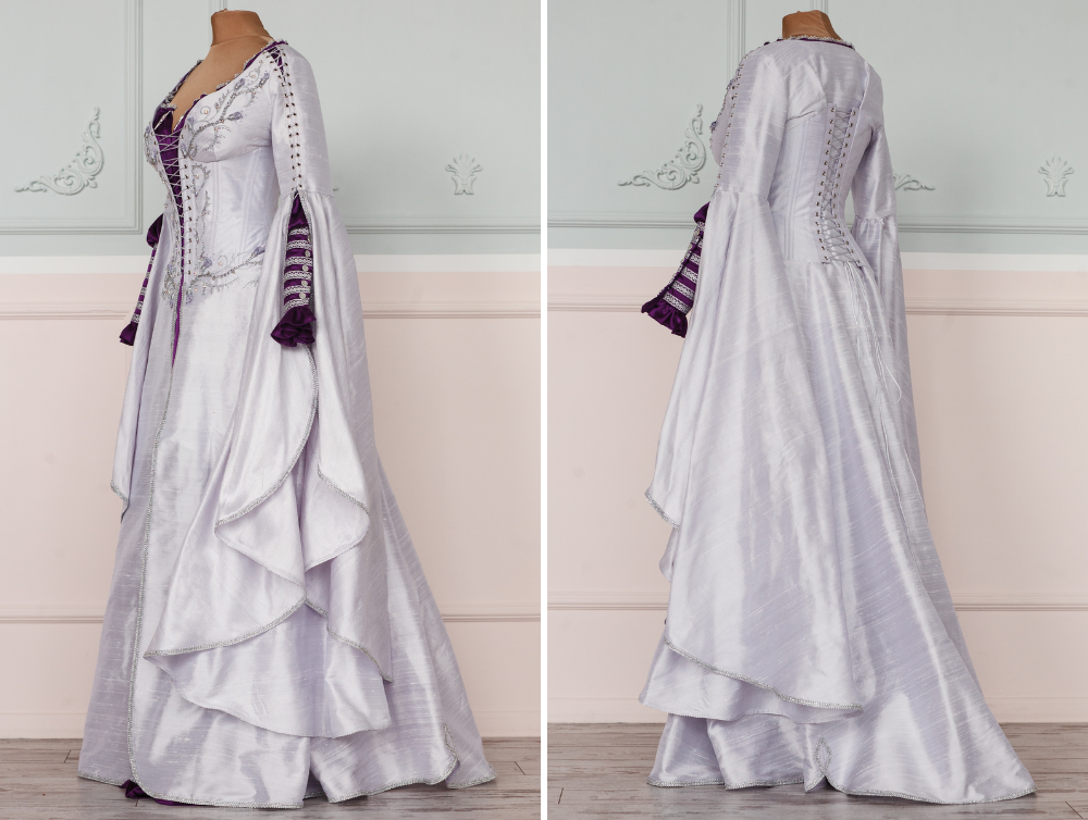 White and purple fantasy silk elven wedding dress - Dress Art Mystery