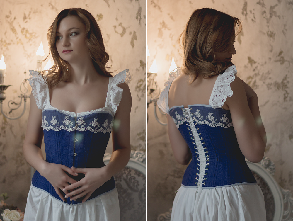 Blue Victorian Corset, Overbust Corset, Historical Victorian Underwear,  19th Century Lingerie 