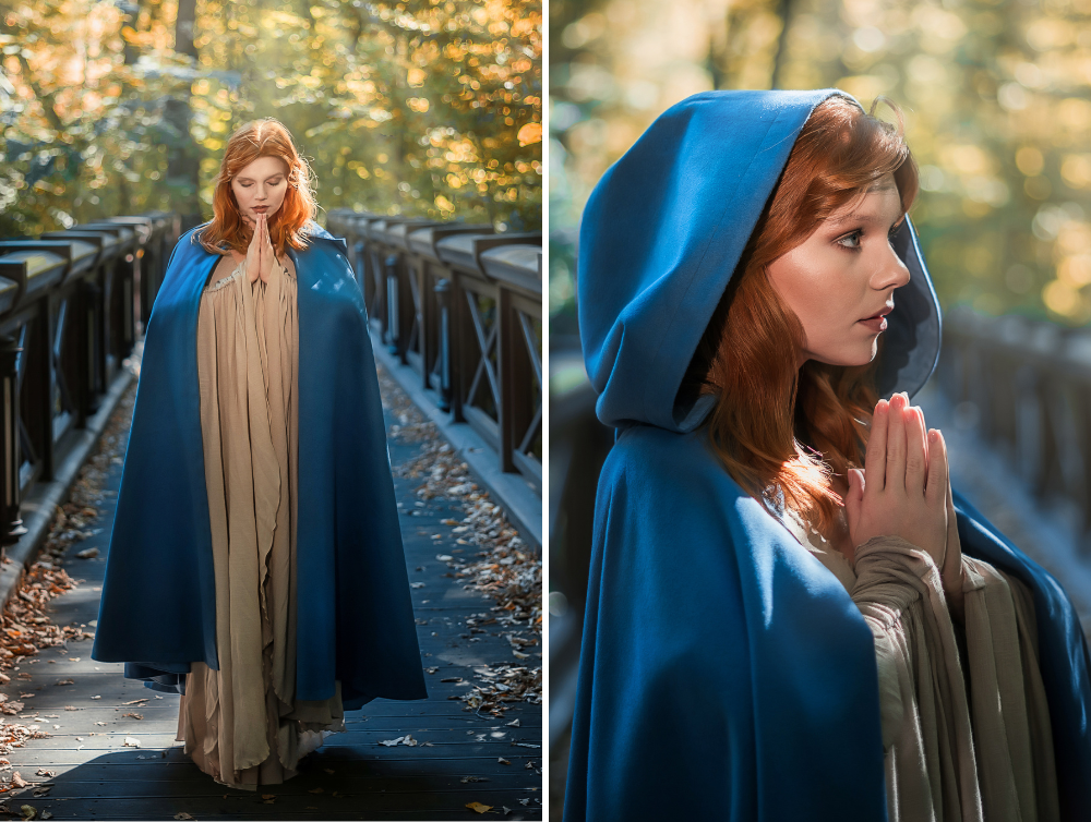 Blue Fantasy Vegan Wool Hooded Cloak -dress-design-handmade-costume-Dress Art Mystery