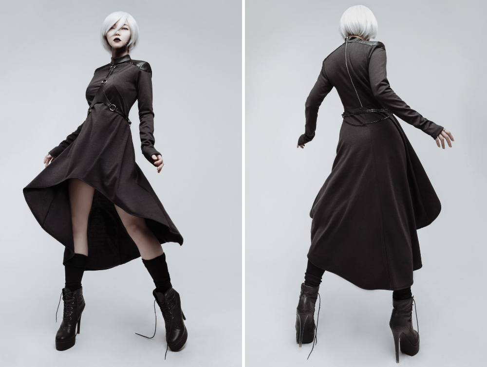 Casual gothic black high collar asymmetrical jersey dress with body harness