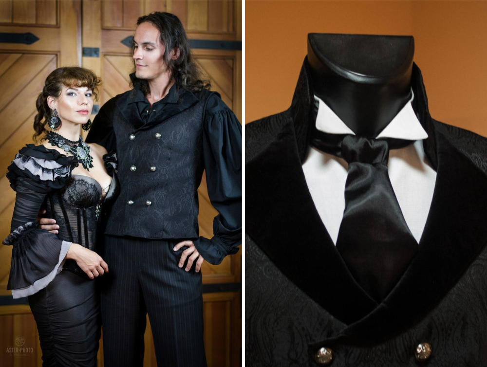 Victorian Black Double-breasted men's velvet vest -dress-design-handmade-costume-Dress Art Mystery