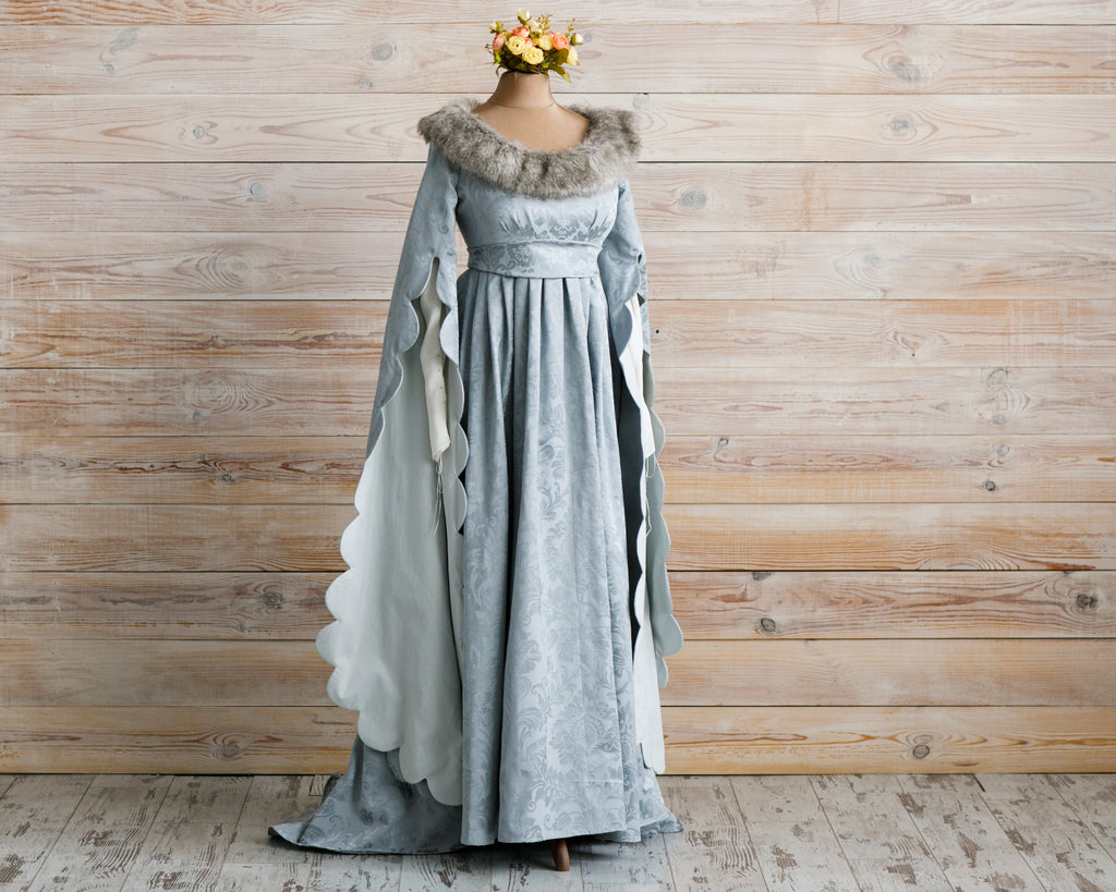 Renaissance Light blue White Queen silk dress -dress-design-handmade-costume-Dress Art Mystery