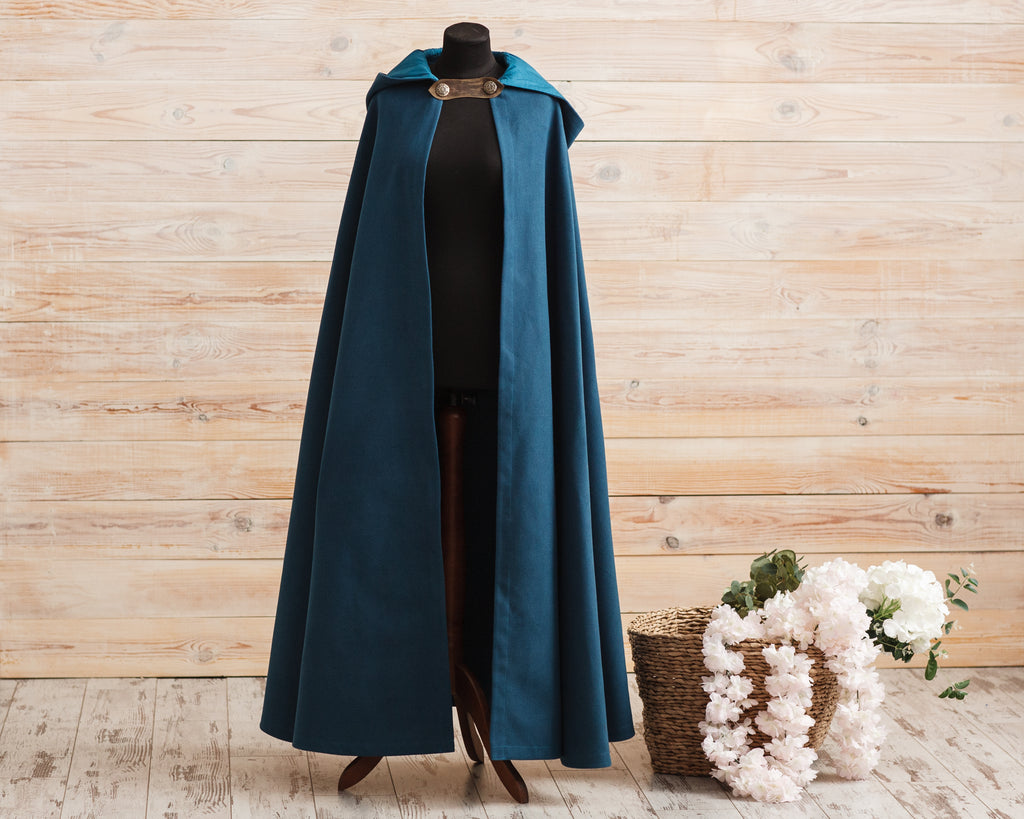 Green-Blue vegan wool cloak with hood - Dress Art Mystery