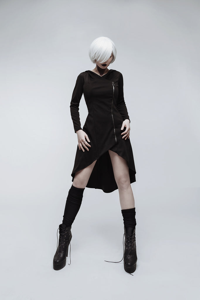 Black asymmetric casual gothic cotton jersey coat - Dress Art Mystery