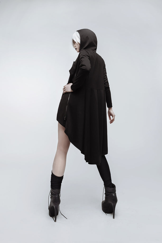 Black asymmetric casual gothic cotton jersey coat - Dress Art Mystery